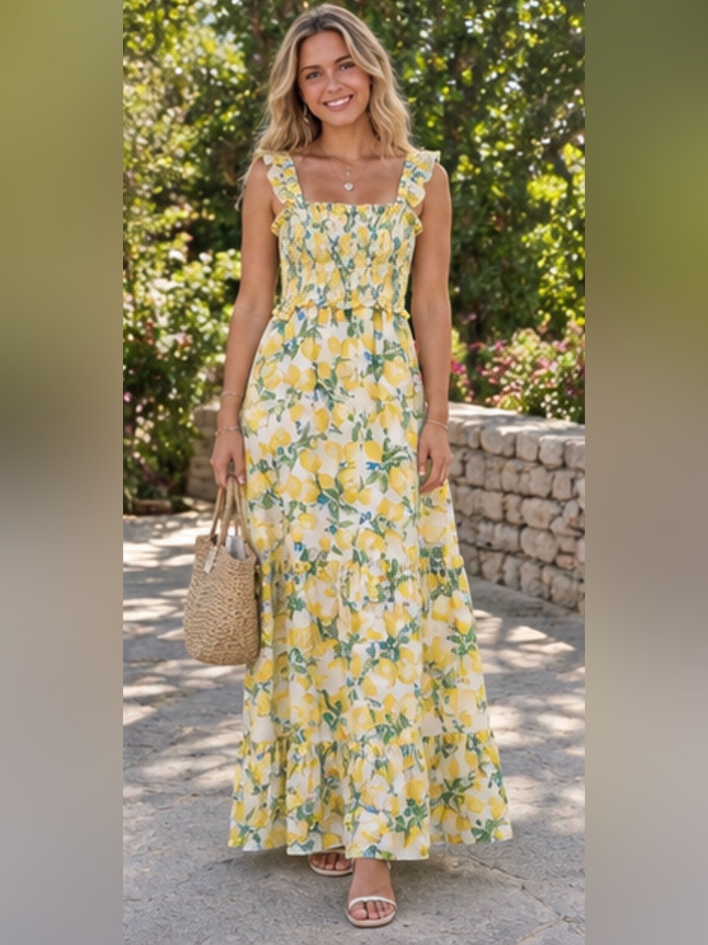 Chenault Yellow Lemon-Print Smocked Maxi Dress
